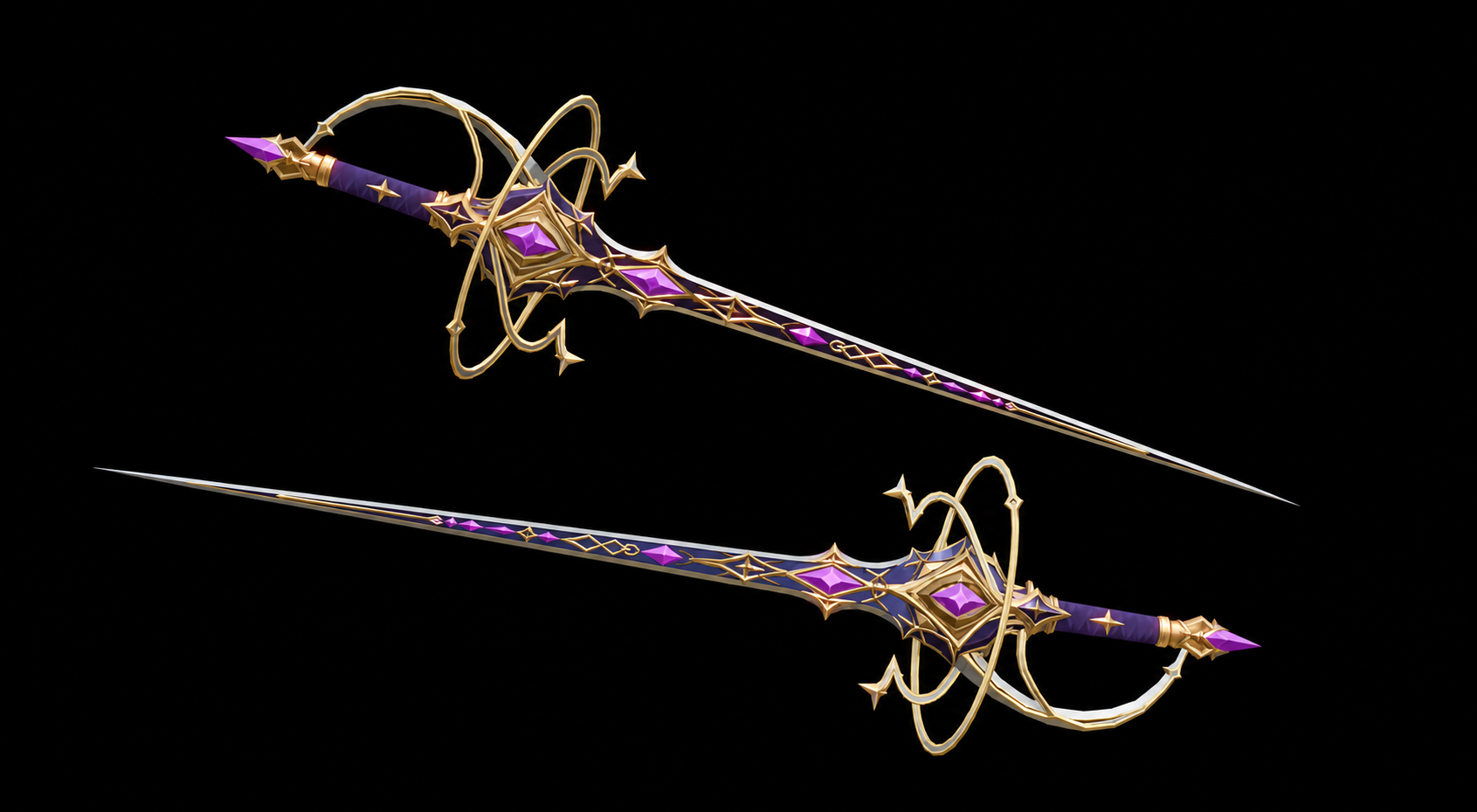 Purple and gold rapier shown from two sides with a looping guard and diamond-shaped gems