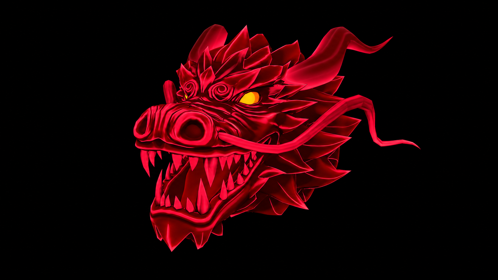 Red dragon head with yellow eyes, horns, whiskers and an open fanged mouth