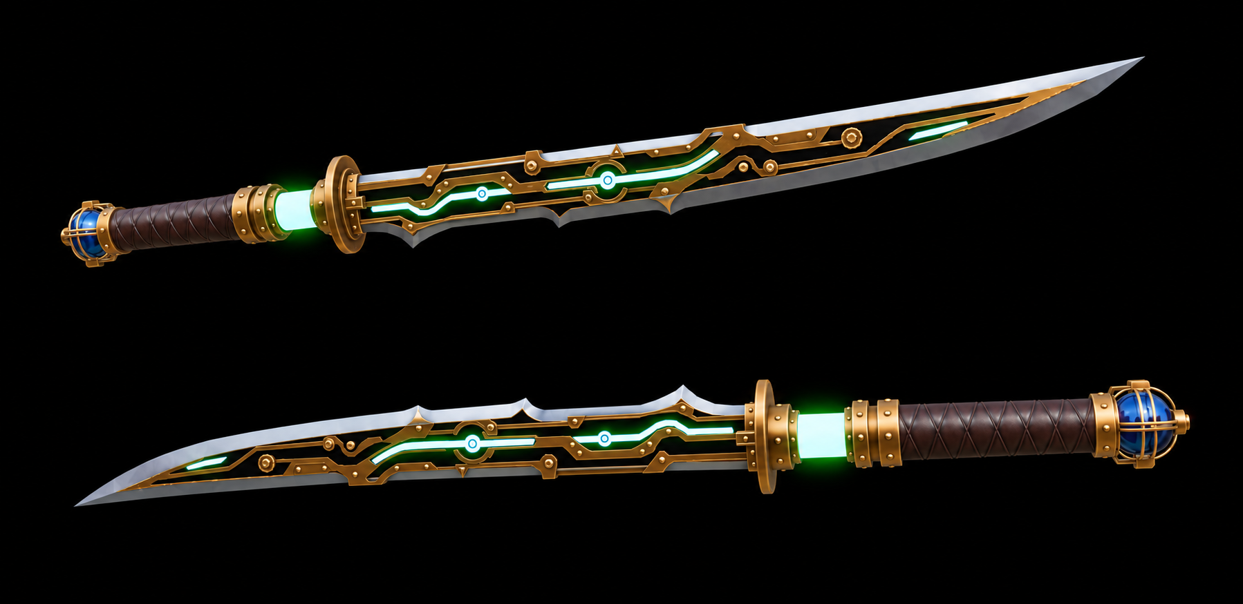 Gold-trimmed katana shown from two sides with glowing green channels