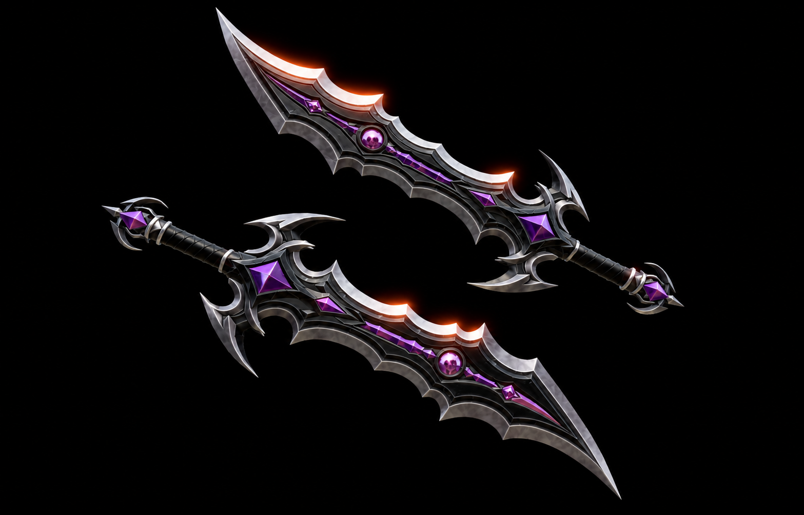 Dark broad sword shown from two sides with purple gems and orange glowing blade edges