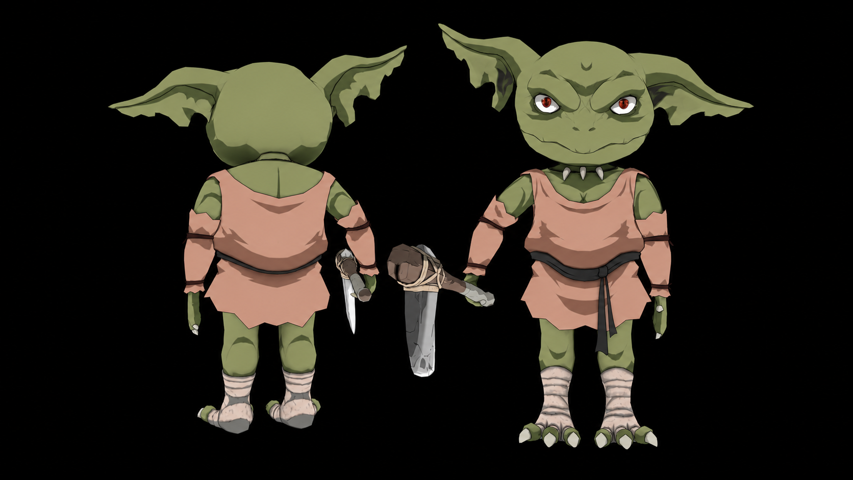 Green goblin shown from front and back, wearing a pink tunic and carrying a stone blade