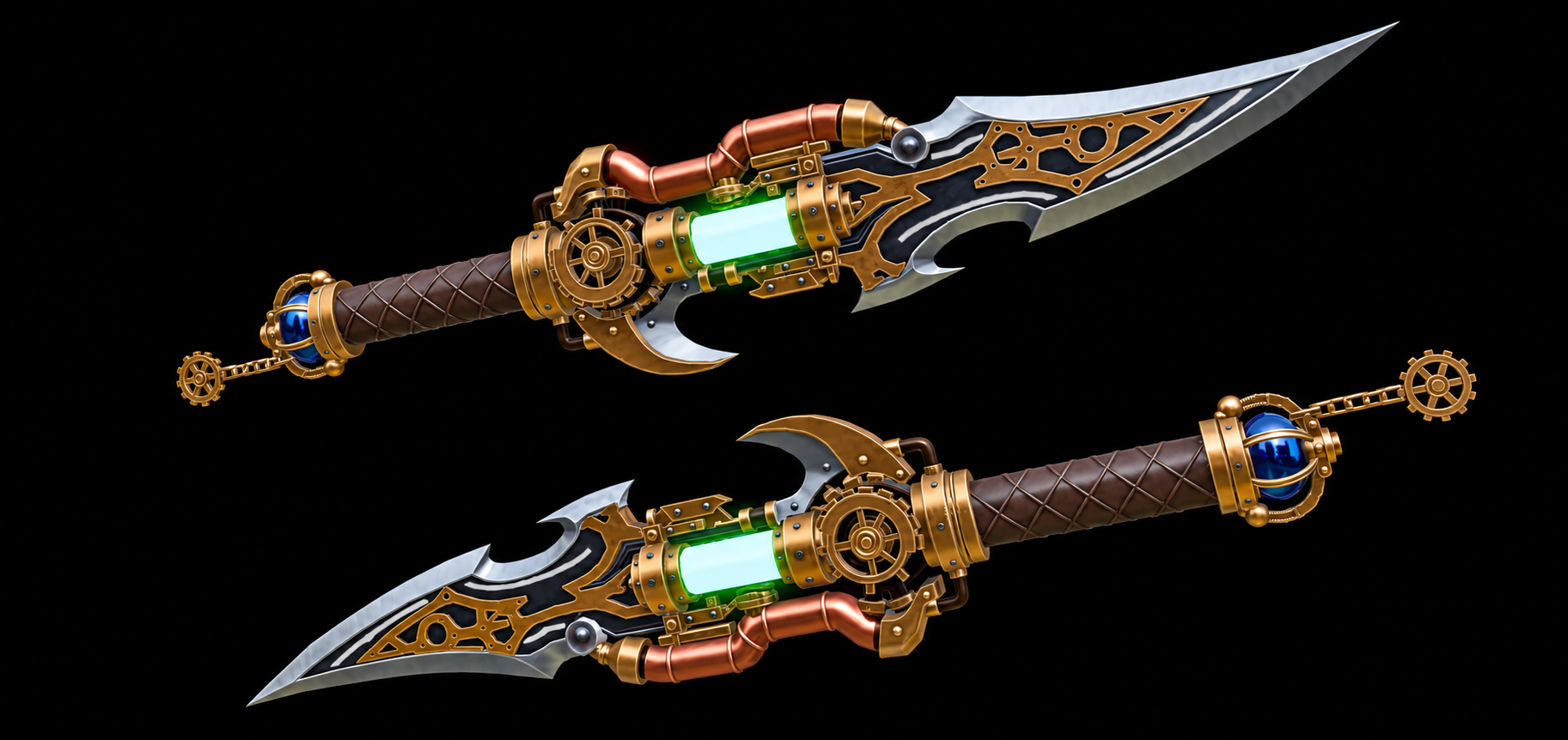Steampunk blade shown from two sides, with brass gears, copper pipes and a glowing green core