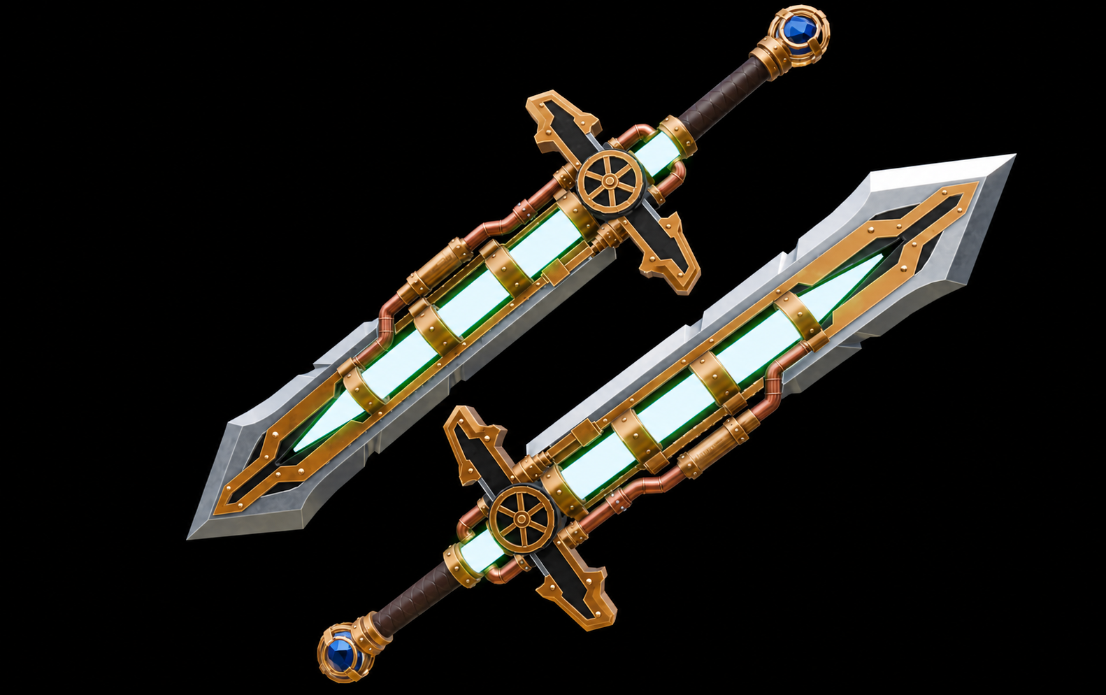 Broad steampunk sword shown from two sides with green energy chambers and copper piping