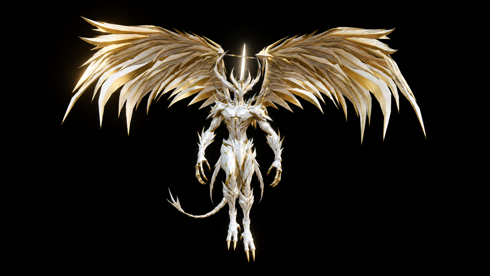 White and gold armored winged creature with a halo, claws and a long tail