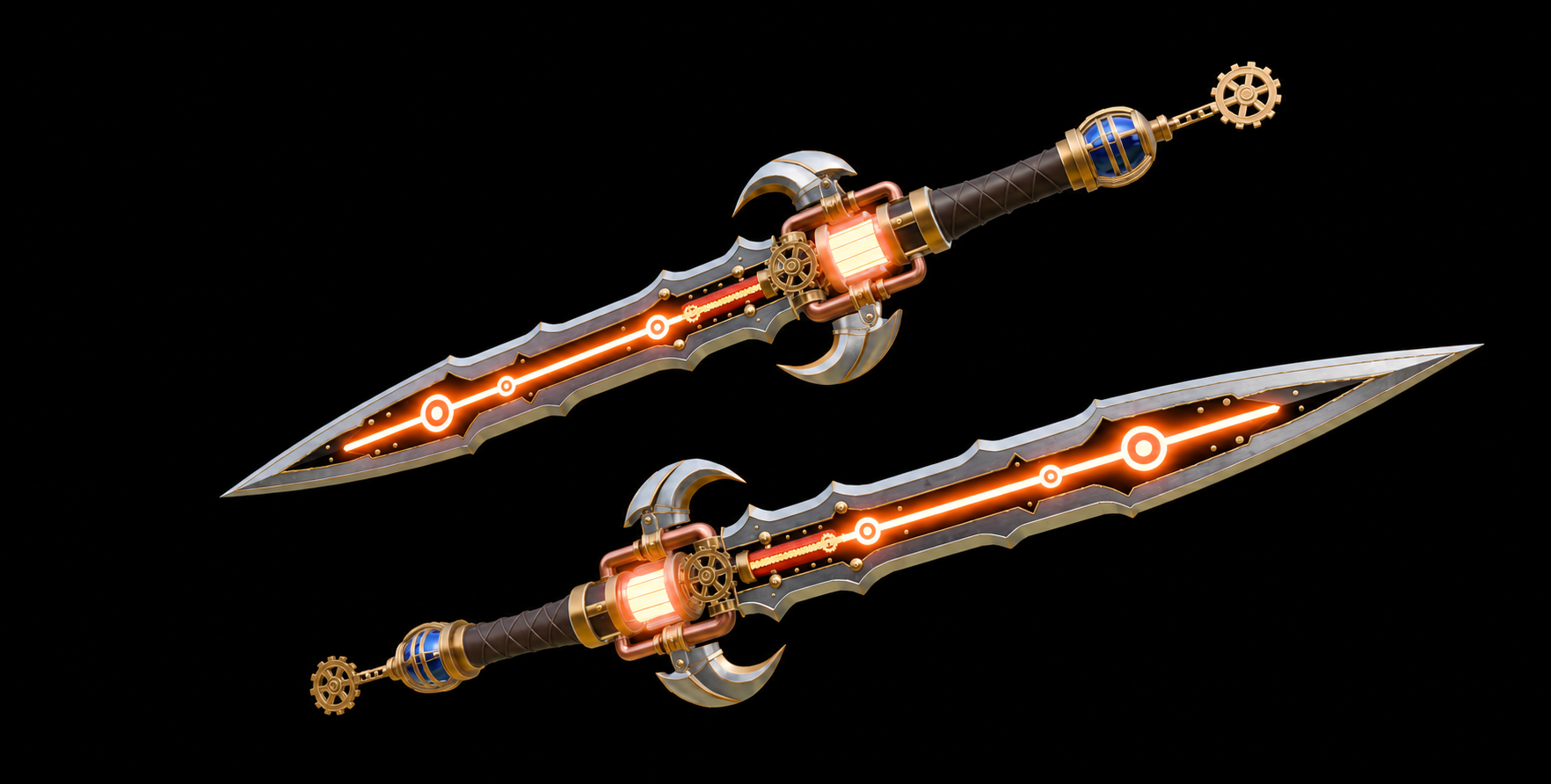 Steampunk sword shown from two sides with an orange energy core, brass gears and copper pipes