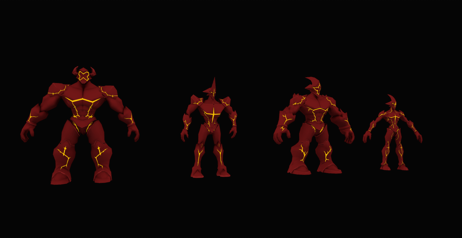 Four red horned humanoid creatures with glowing yellow cracks