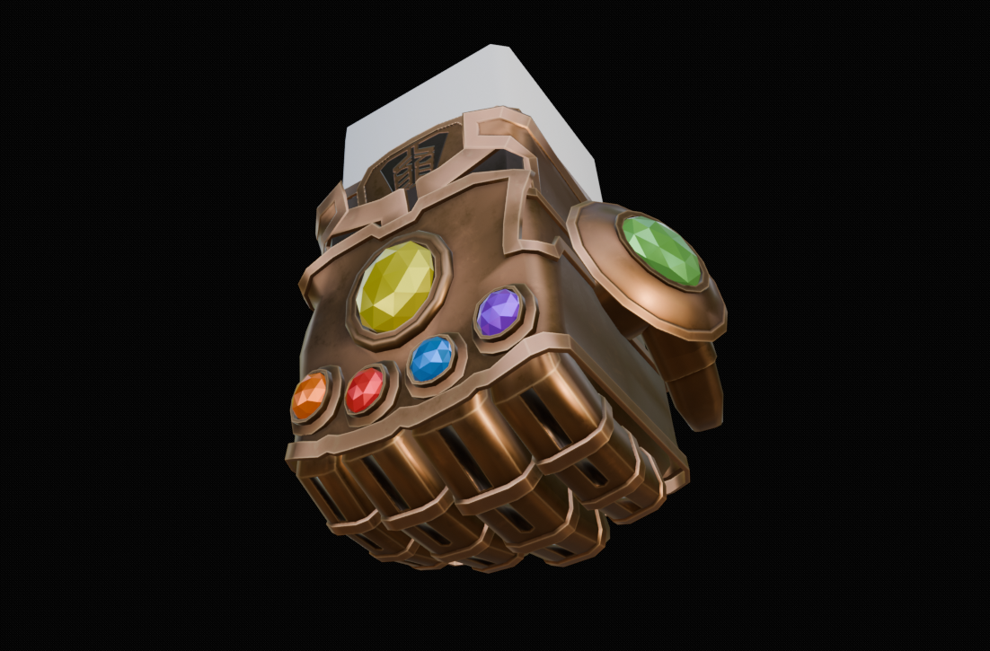 Gold gauntlet with six colored gemstones